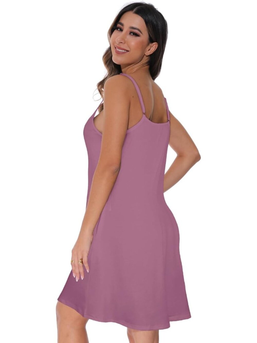 Women's Purple Summer Dresses Spaghetti Strap Button Down V Neck Sundress Beach - Picture 4 of 7